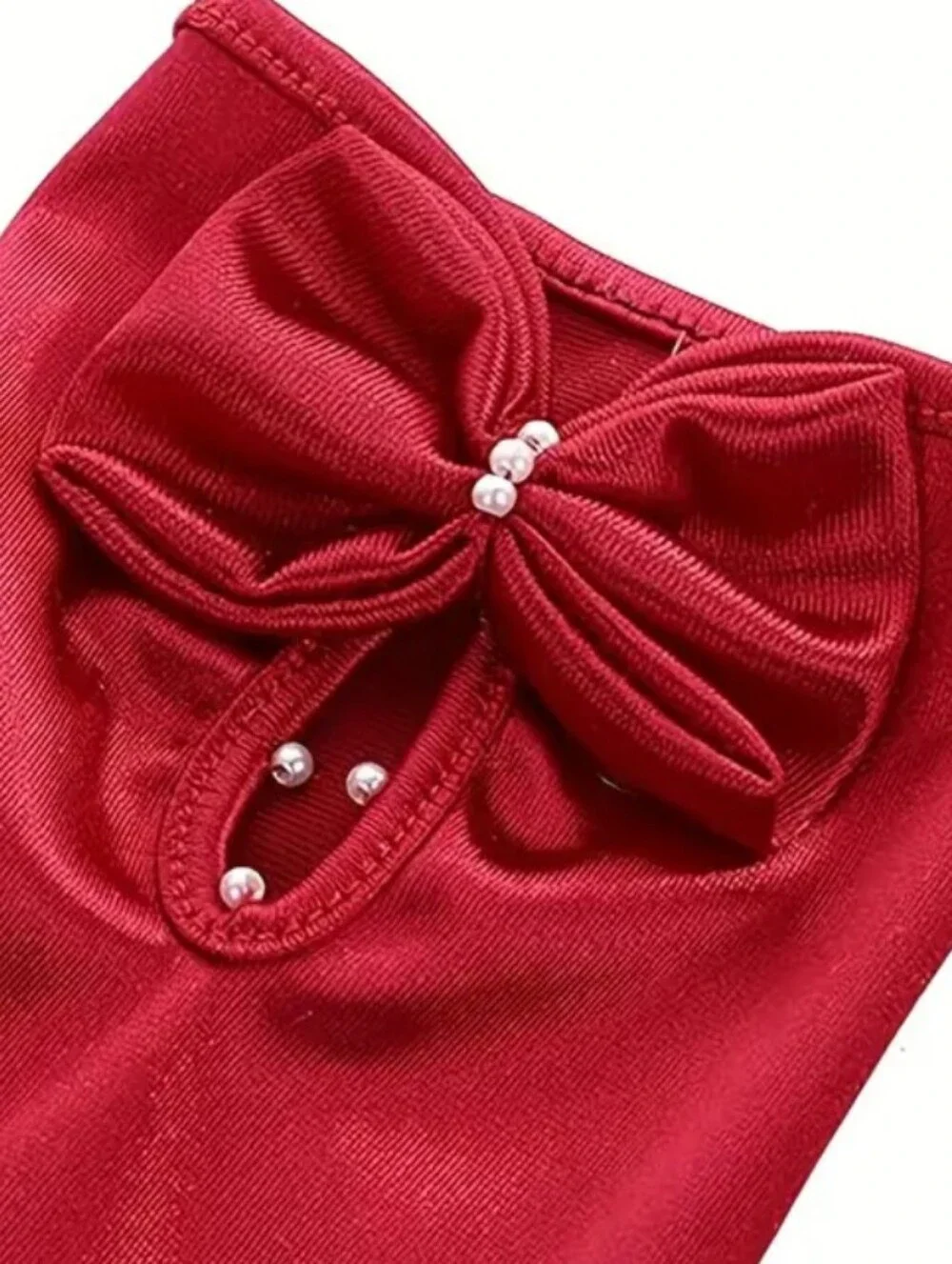 Elegant Red Satin Short Wrist Length Evening Gloves W/Bow & Faux Pearl Detail
